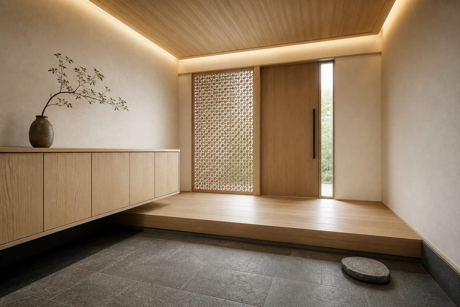 Genkan entry with a sunken stone floor