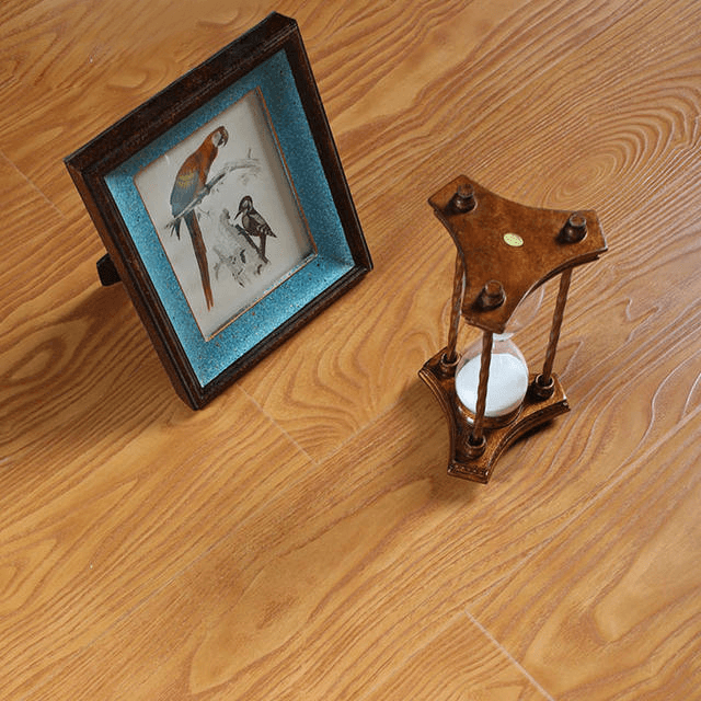 Dark wood grain laminate flooring with a picture frame