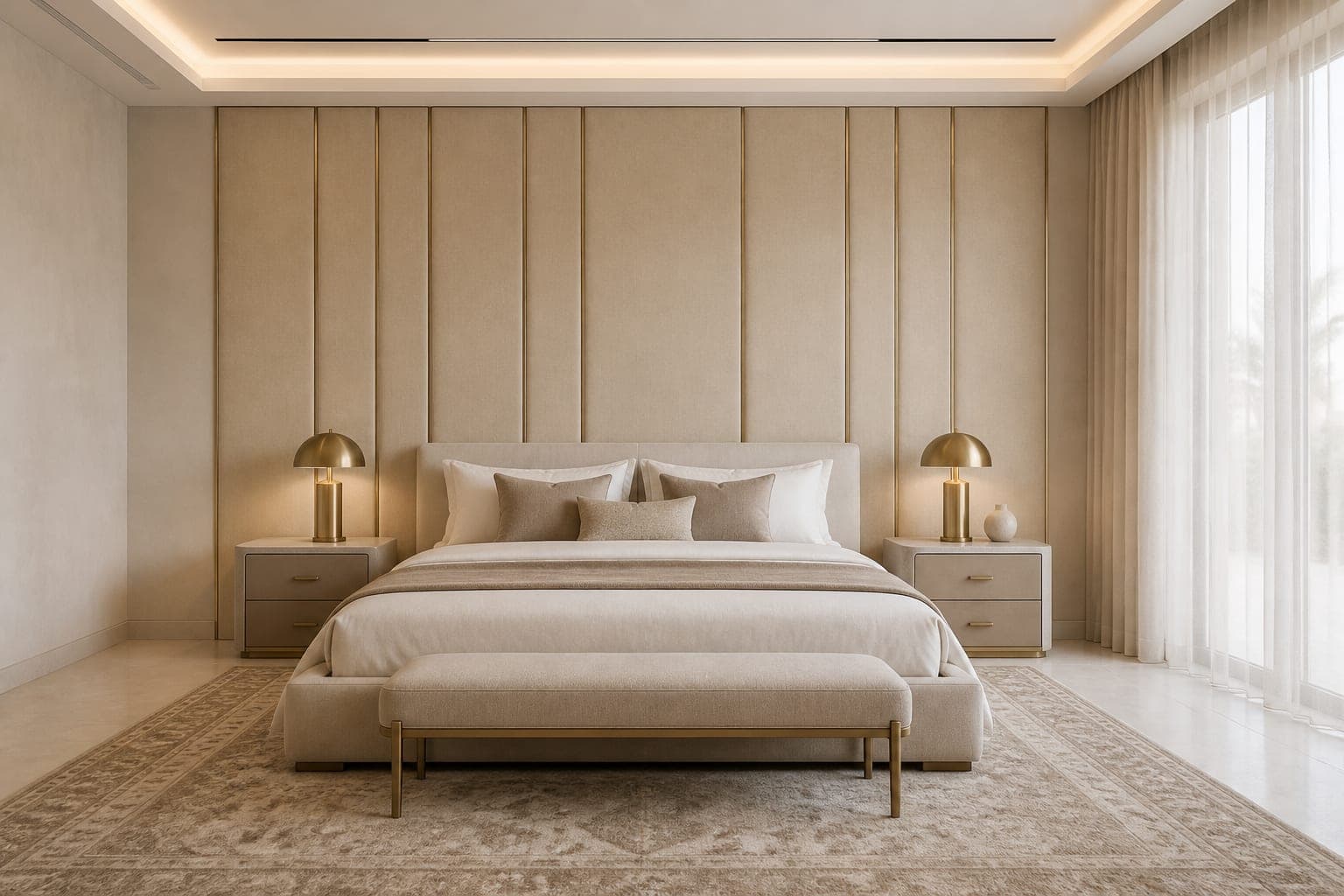 Primary bedroom with a full-height upholstered headboard wall