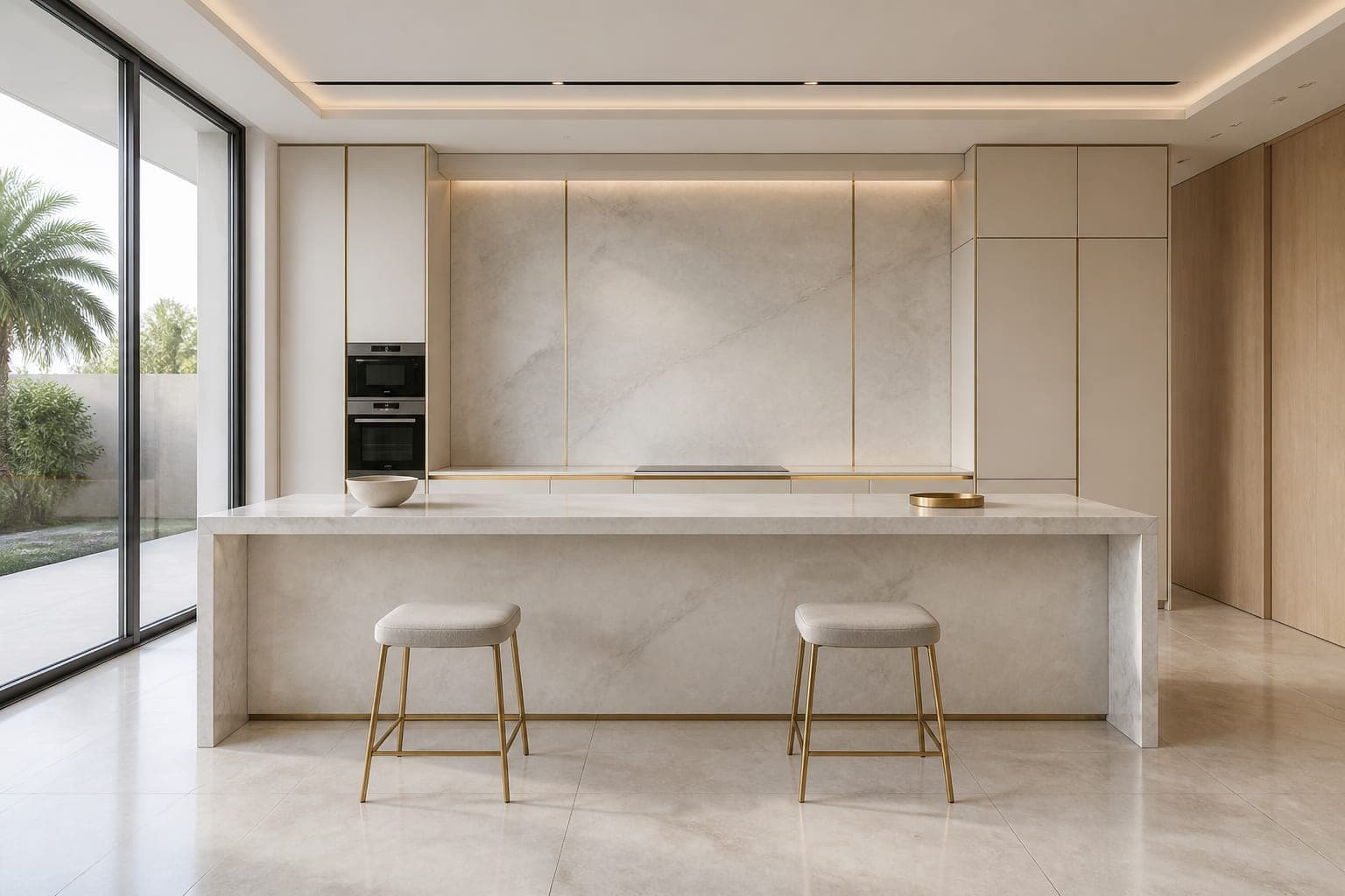 Kitchen with handleless units and a marble island