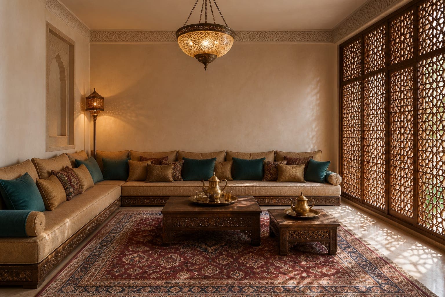 Family room with low L-shaped seating and mashrabiya screens
