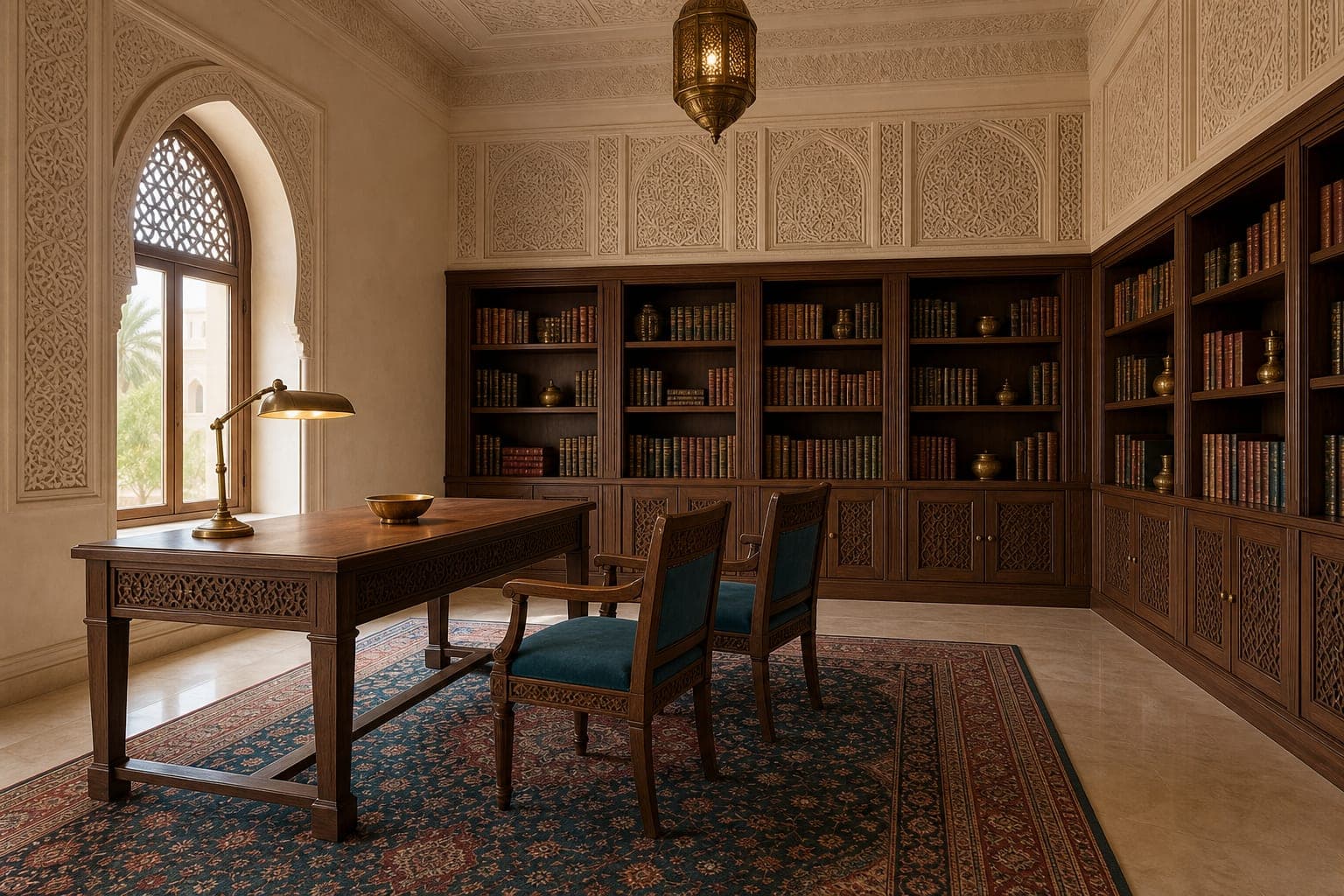 Study with full-height shelving and carved plasterwork