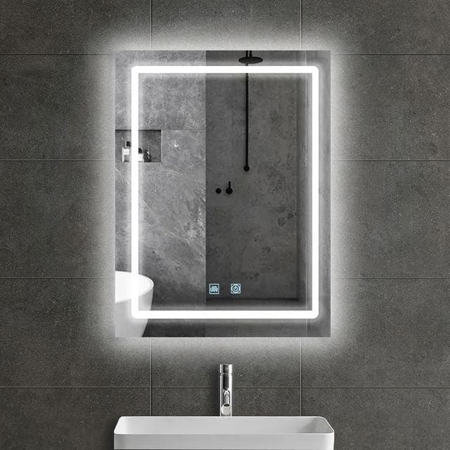 Bathroom mirror with integrated aluminium shelf and LED lighting
