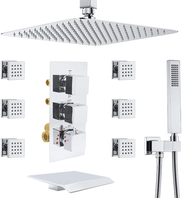 Large rain head shower system with body jets and hand shower in matte black