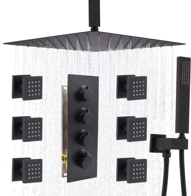 Multi-function shower system with large chrome rain head and four body jets