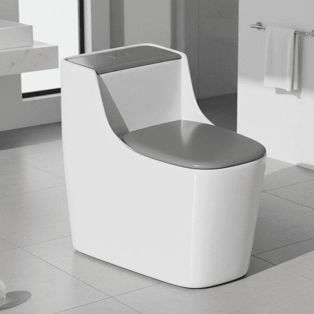 Fully skirted one-piece toilet with a grey lid, shown against a bathroom wall