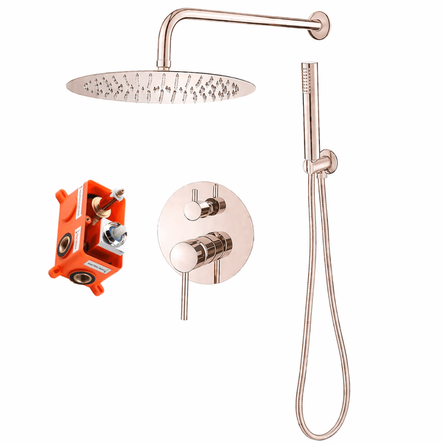 Shower parts laid out showing rain head, hand shower, hose and concealed mixer