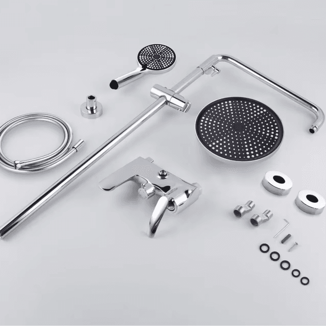Shower set components laid out flat, including rain head, hose and valve parts