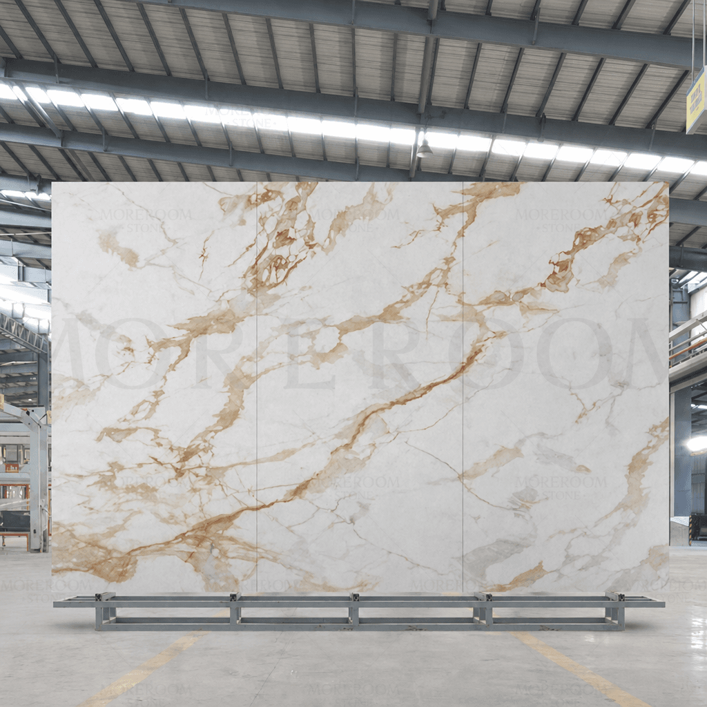 Large sintered stone slabs in a marble pattern standing in a workshop