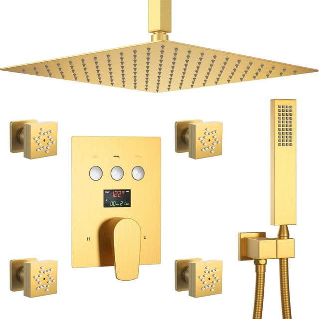 Gold smart shower system with digital control panel and body jets