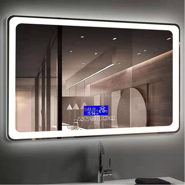 Smart LED bathroom mirror with Bluetooth speaker, clock and temperature display