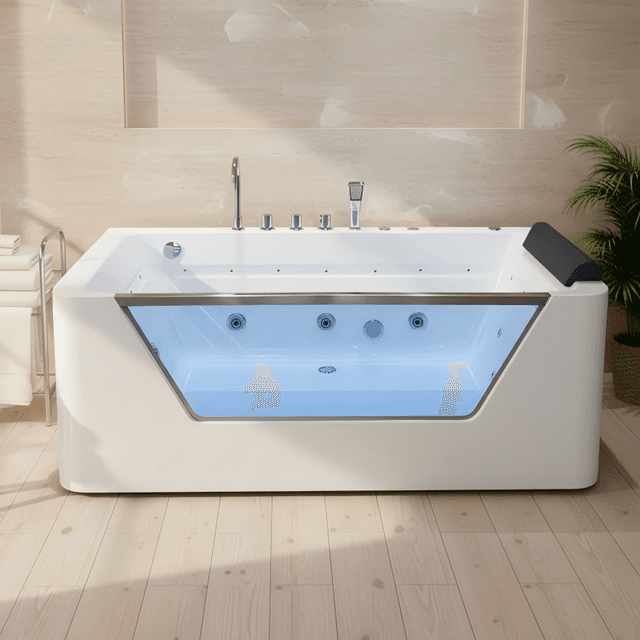 Smart whirlpool bathtub with air bubble massage, LED light strip and constant-temperature heating