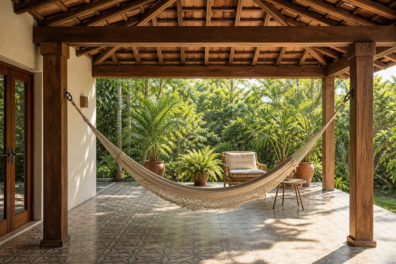 Veranda with a hammock and tropical planting