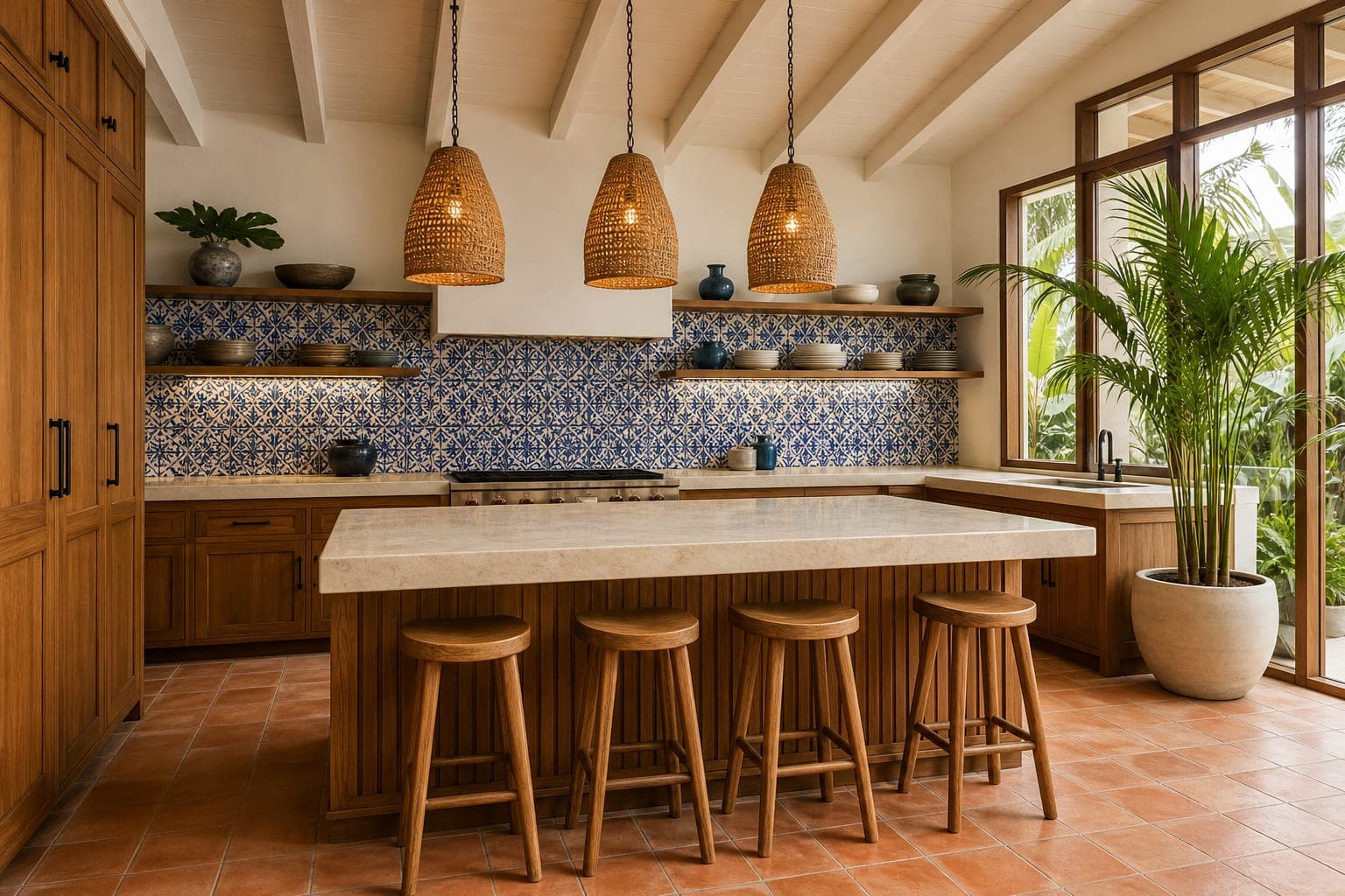 Open kitchen with a cobalt tile splashback