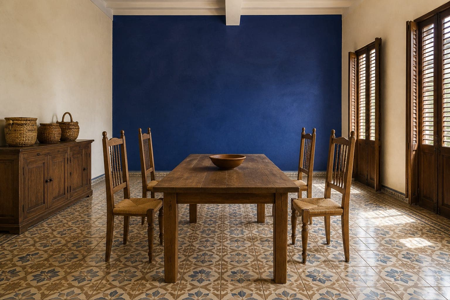 Dining room with a cobalt wall and tiled floor