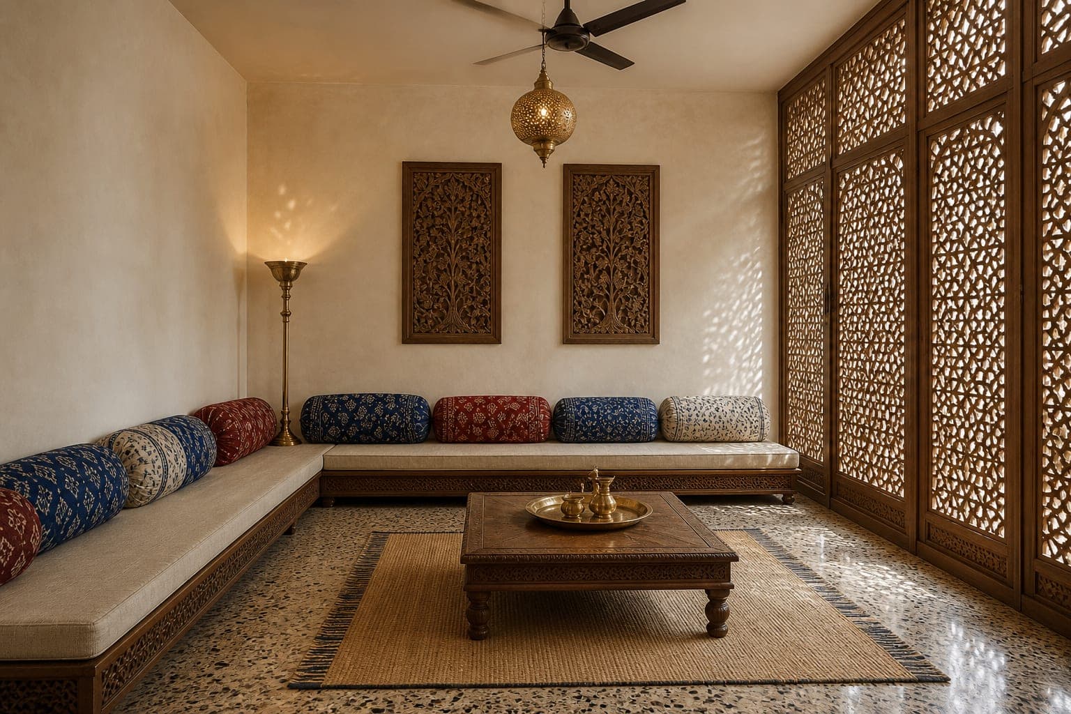 Baithak floor seating with low platforms and bolsters