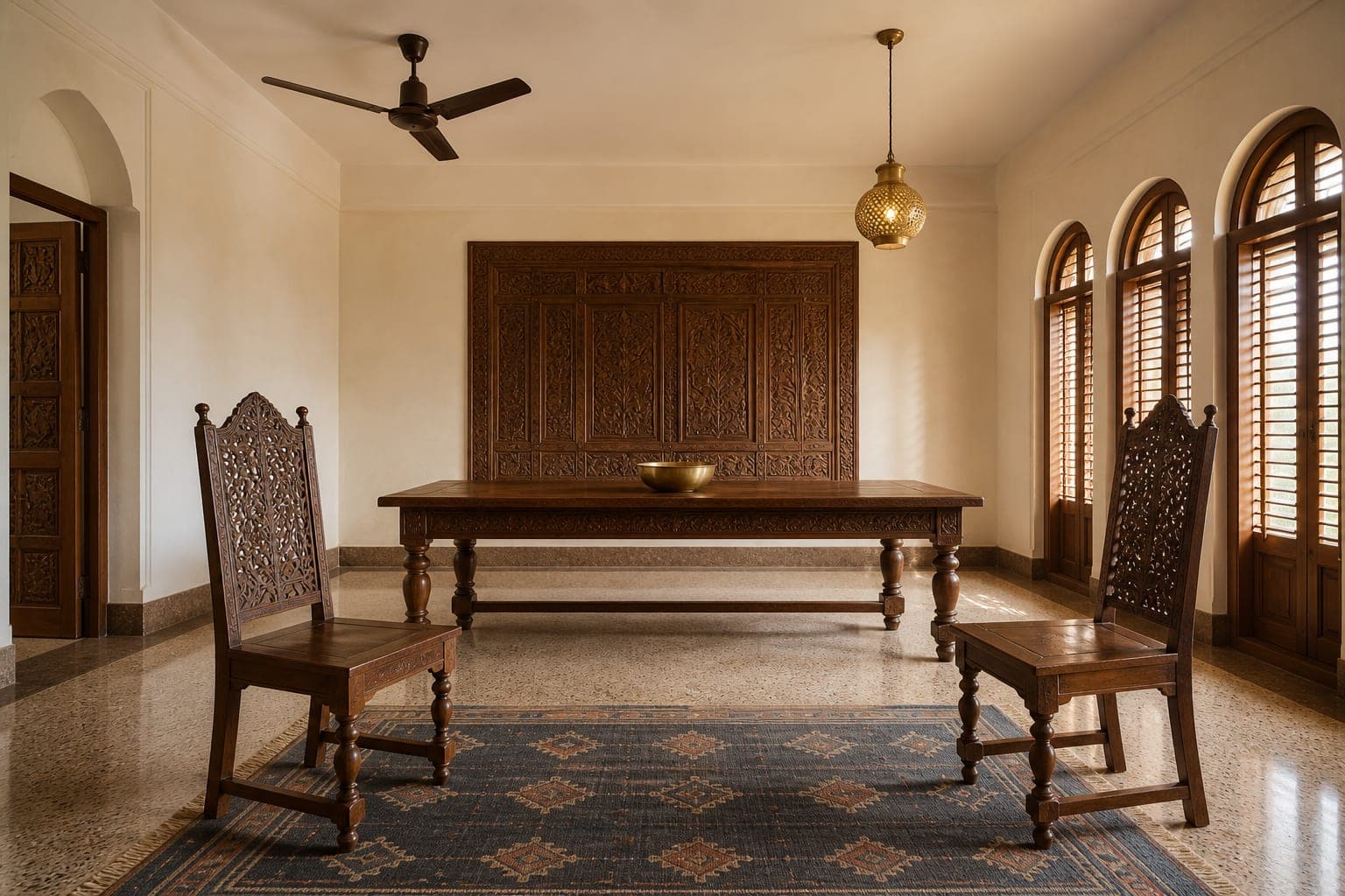 Dining room with a carved teak table