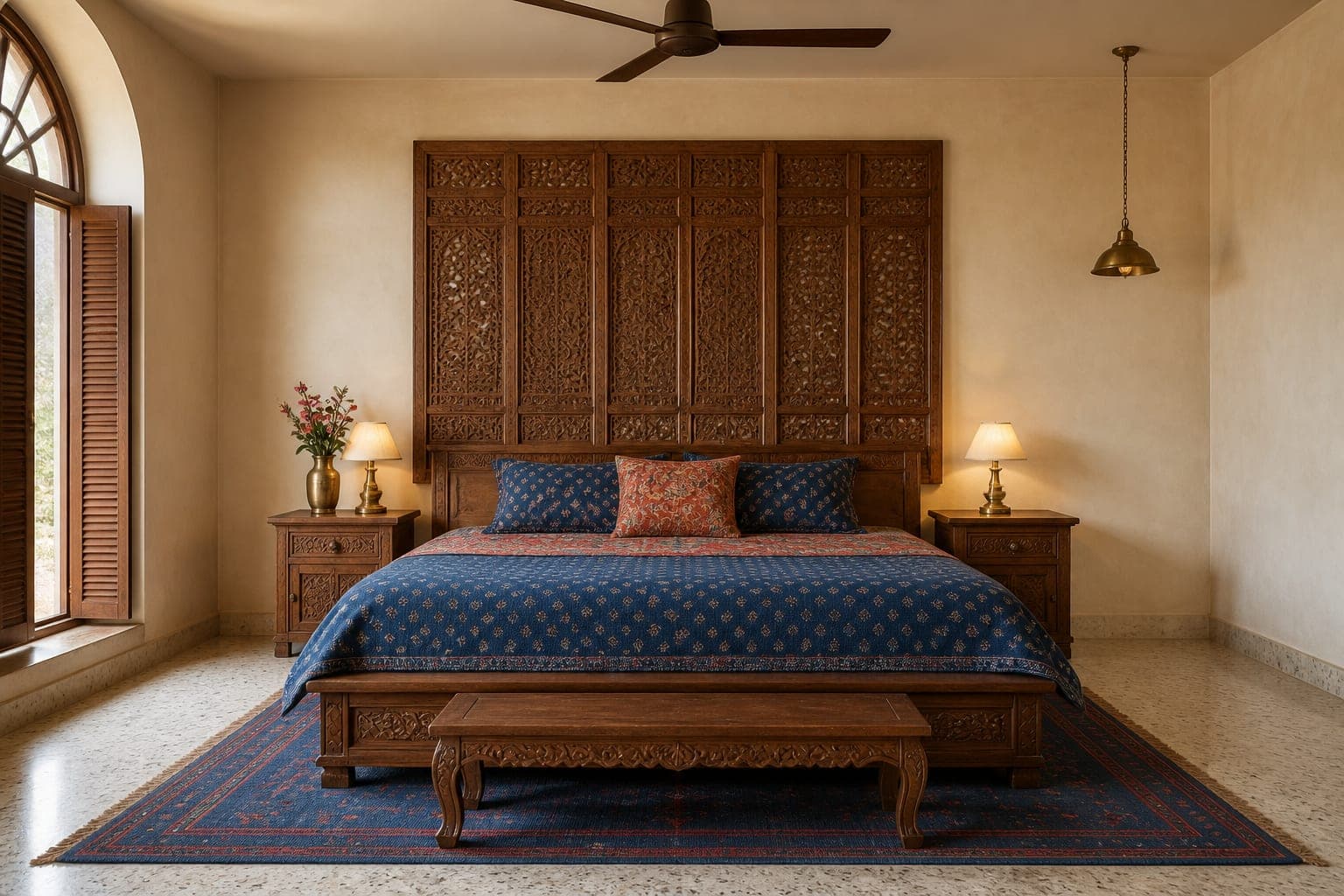 Primary bedroom with a carved teak bed and block-printed bedding
