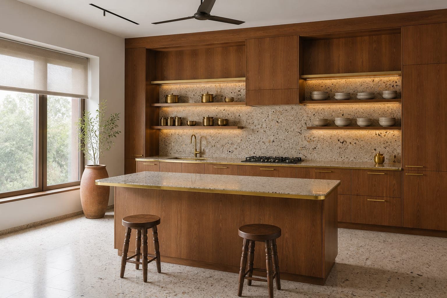 Kitchen with teak units and a terrazzo worktop