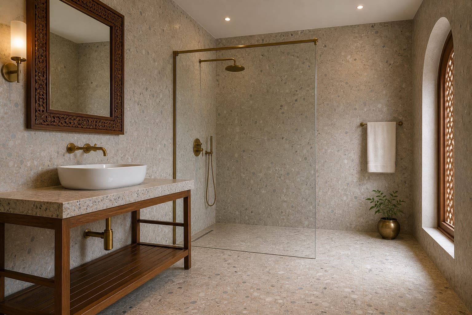 Primary bathroom with terrazzo surfaces and a timber vanity