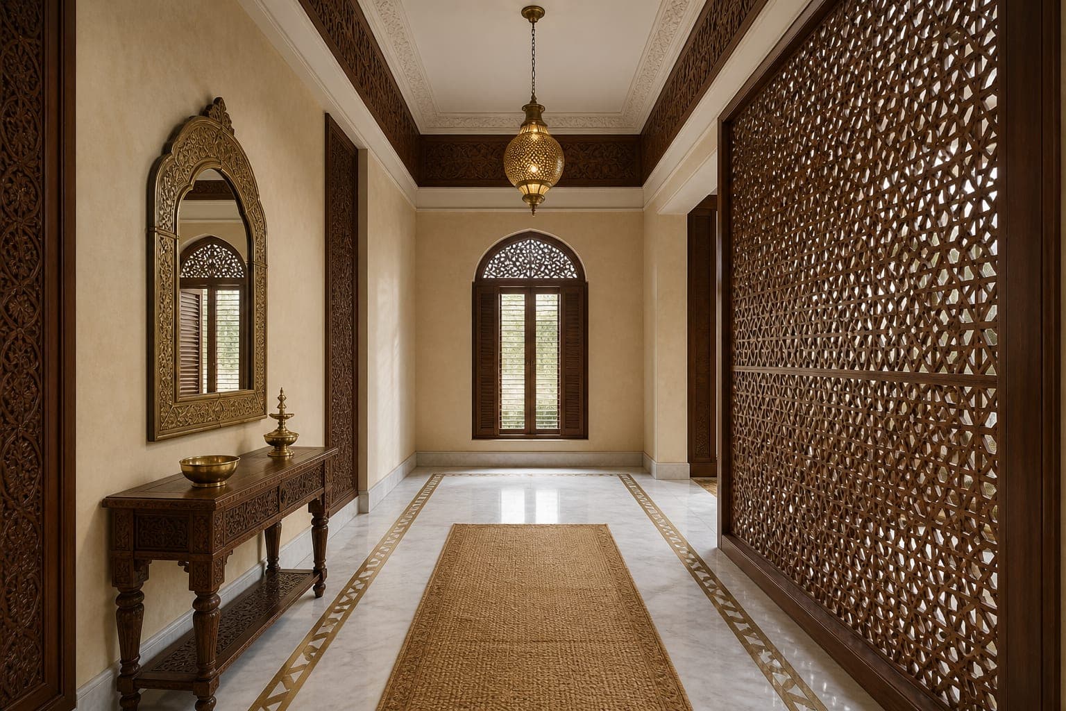 Entry with jali screens and stone inlay flooring