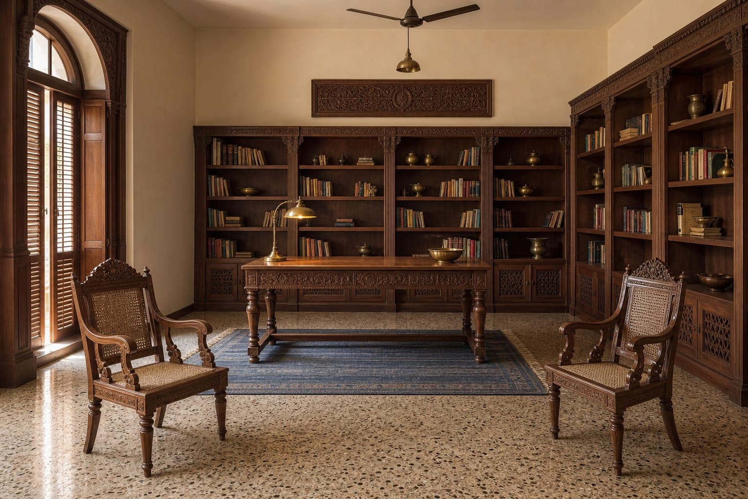 Study with full-height teak shelving