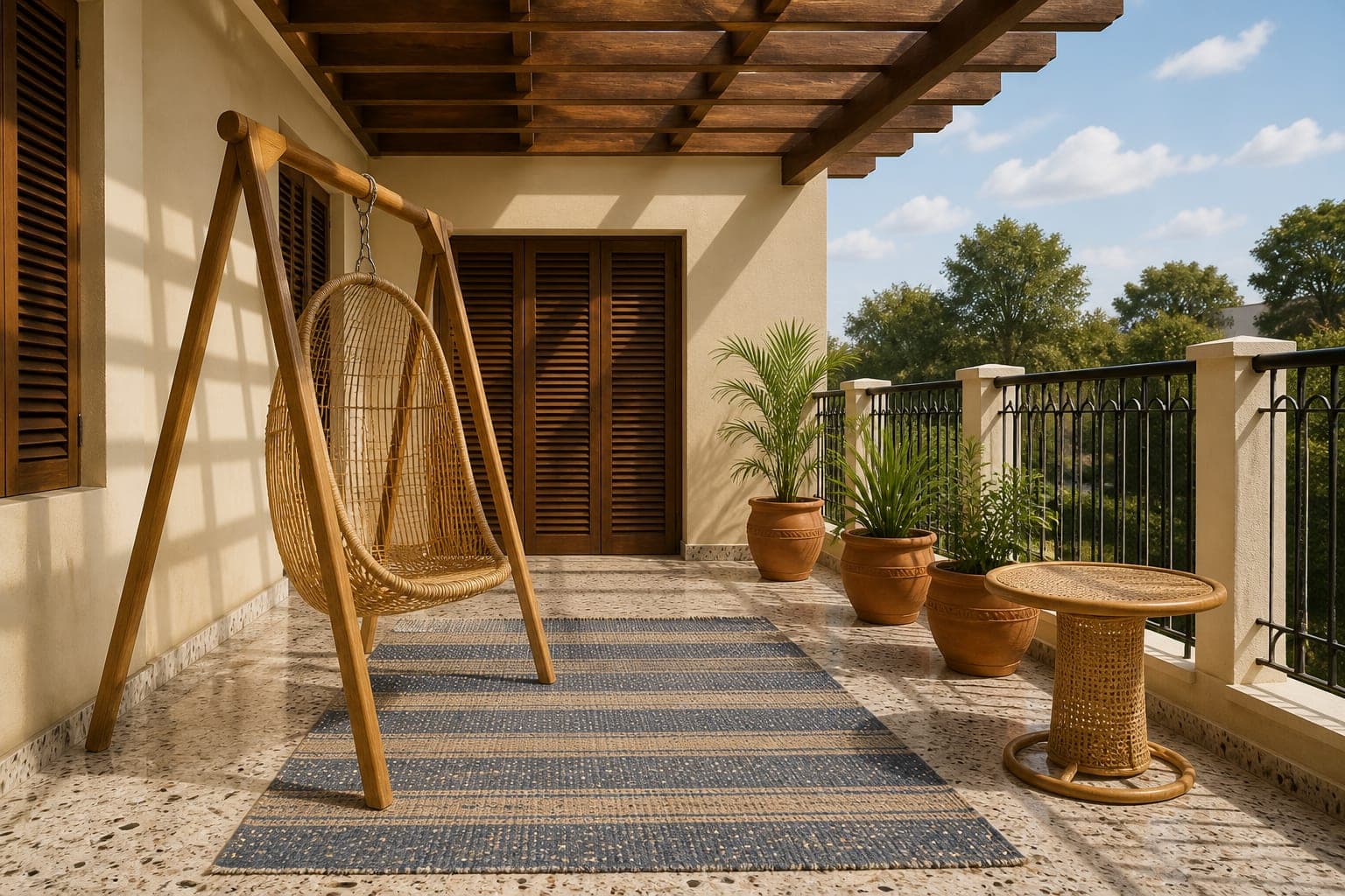 Balcony with a woven hanging chair and potted plants