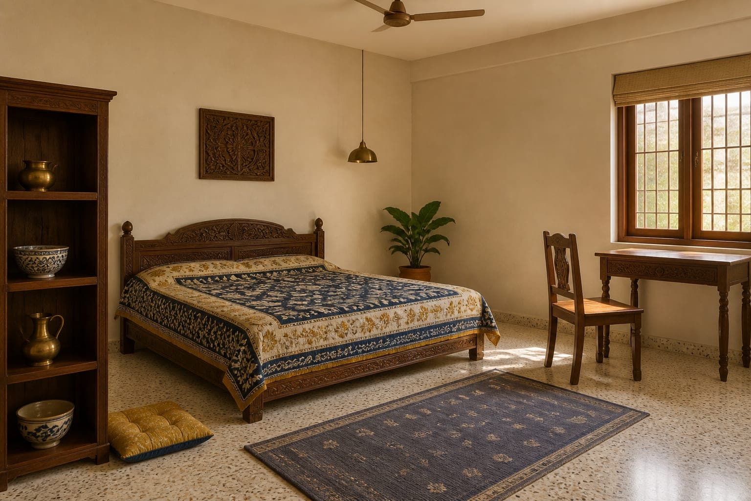 Children’s room with block-print quilts and carved teak furniture