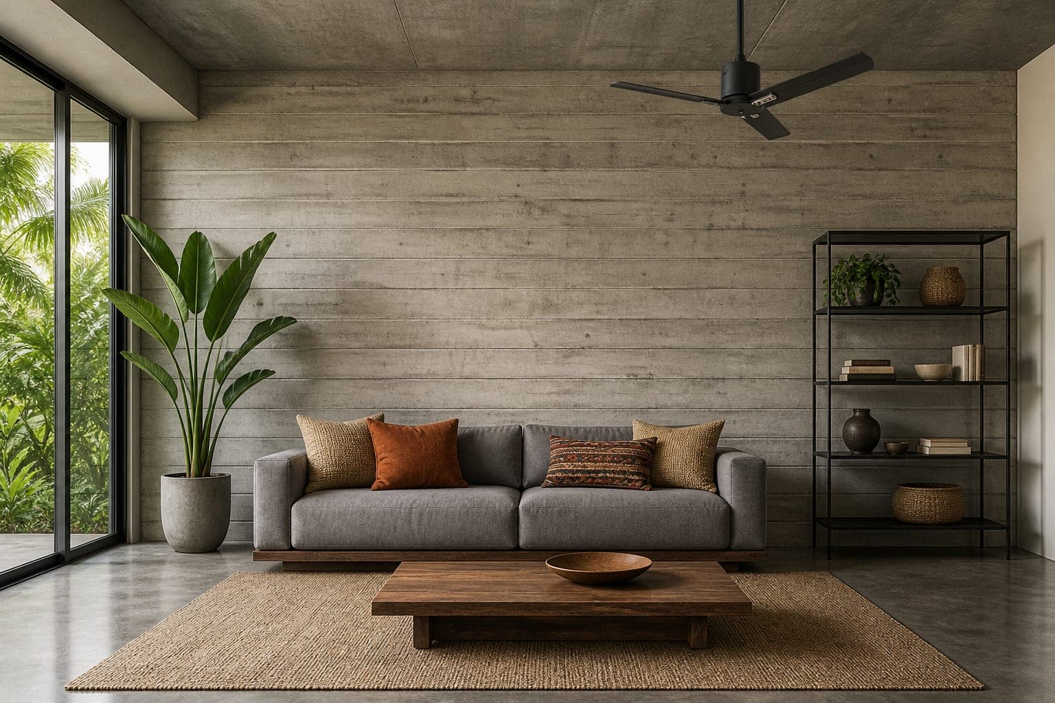 Living room in urban modern style with board-formed concrete