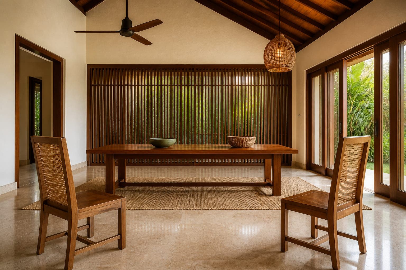Dining room with a teak table and a ceiling fan