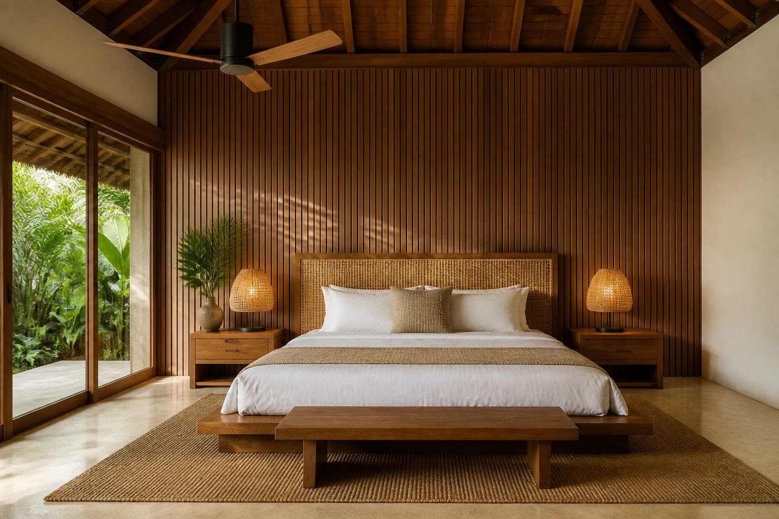 Primary bedroom with a teak platform bed and rattan headboard