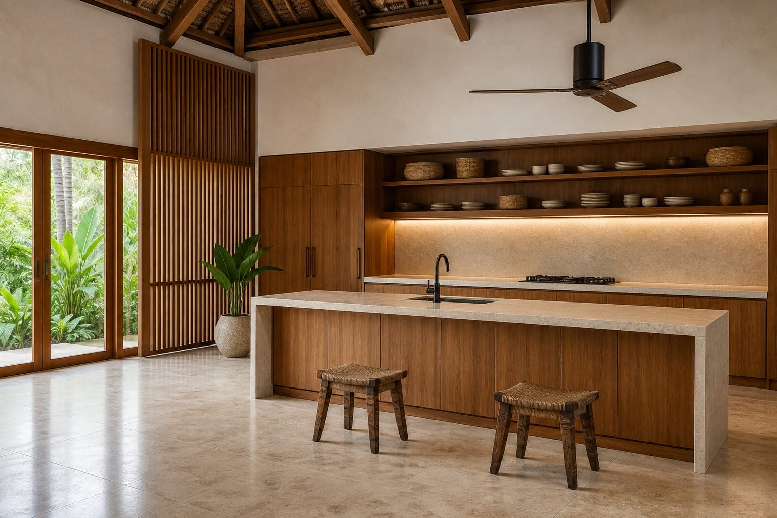 Kitchen with teak flat-panel units and a stone worktop