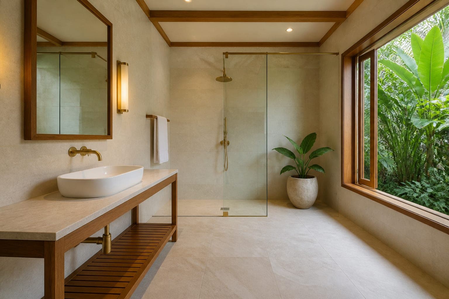 Semi-open primary bathroom looking onto planting