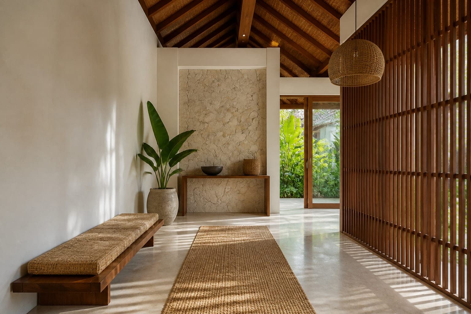 Entry screened with timber battens against a stone wall