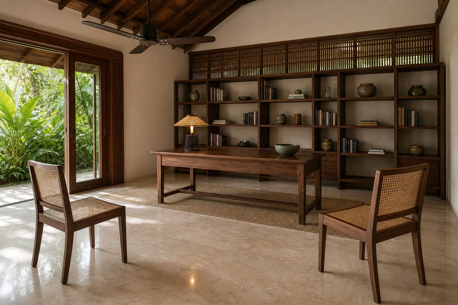 Study with a teak desk and timber battens