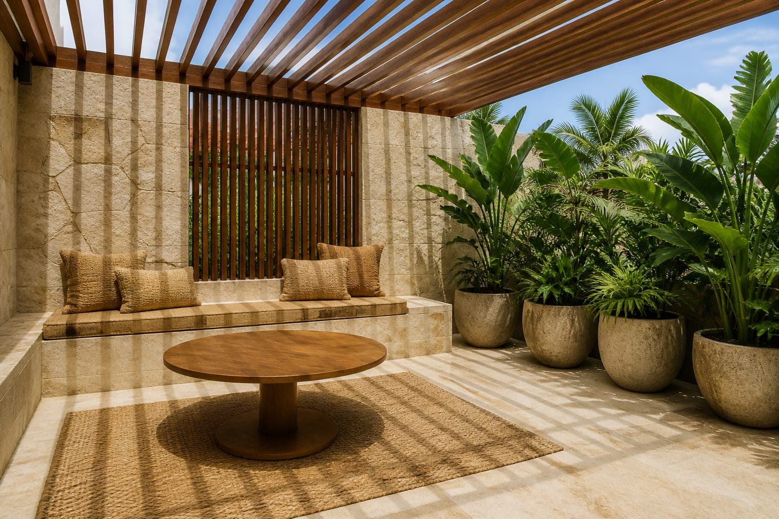 Courtyard with a slatted pergola and built-in stone bench