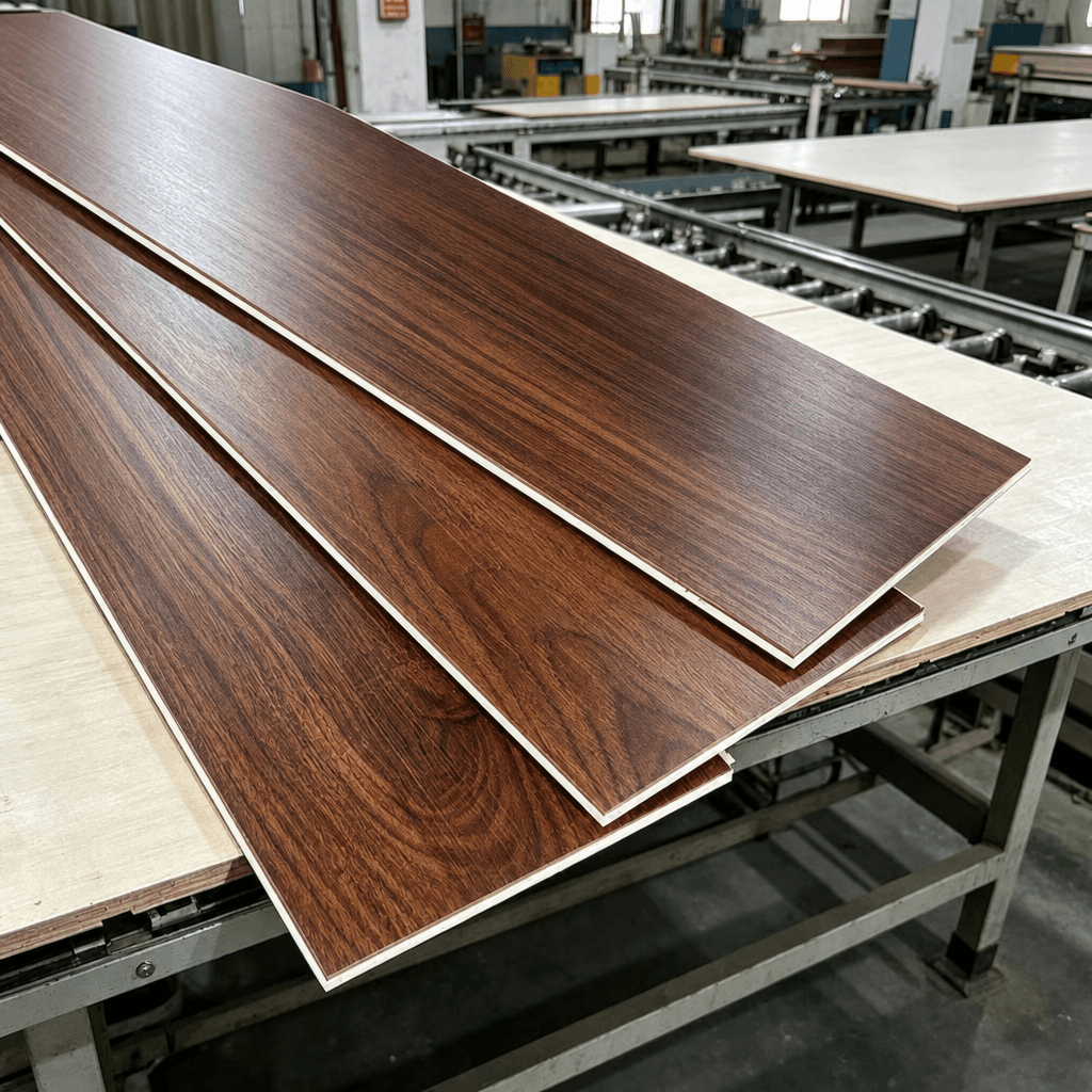 SPC flooring planks in a dark wood grain