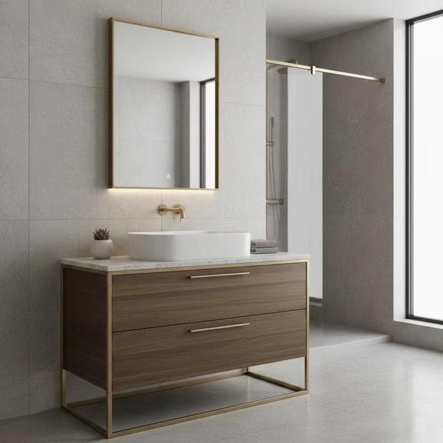 Vanity with a sintered stone countertop over a wood grain carcass on a metal leg frame