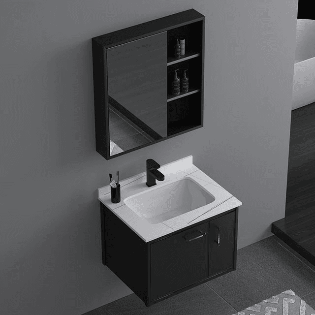 Vanity with a sintered stone countertop over a wood grain carcass on a metal leg frame, view 2