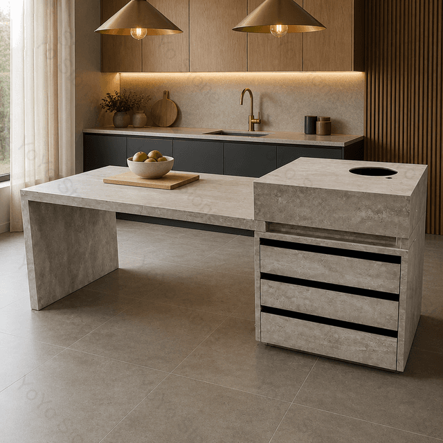 Two-level kitchen island with a raised dining counter and a lower worktop