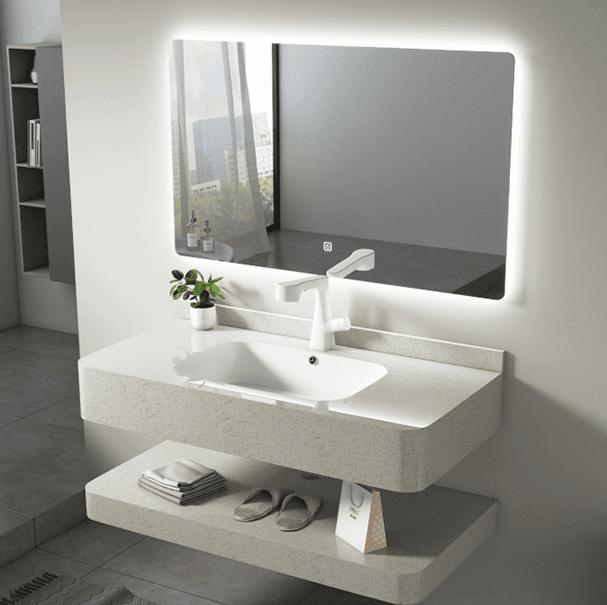Wall-hung vanity set with an LED mirror cabinet, storage shelves and a ceramic basin