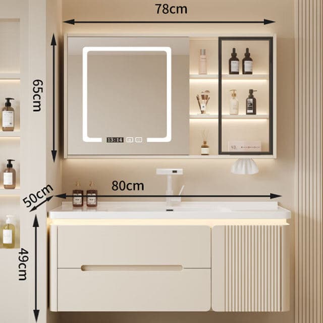 Wall-hung vanity set with an LED mirror cabinet, storage shelves and a ceramic basin, view 2