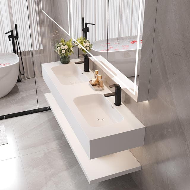 Wall-hung vanity set with an LED mirror cabinet, storage shelves and a ceramic basin, view 3