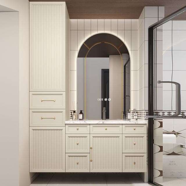 Master suite bathroom with arched mirror