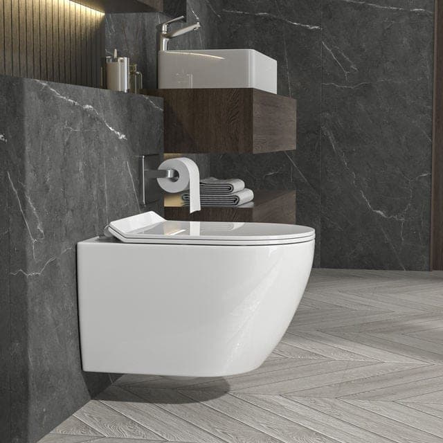 Wall-hung toilet in a powder room