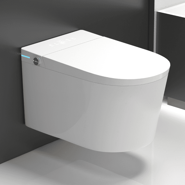 Wall-hung smart toilet with a flush panel and an illuminated light strip along the side