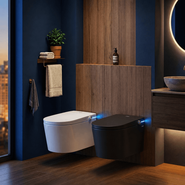 White and black wall-hung smart toilets mounted side by side on a bathroom wall