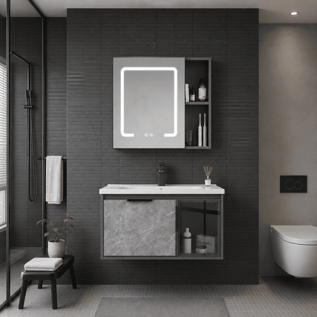 Wall-hung bathroom vanity with an integrated ceramic basin and two soft-close drawers, view 2