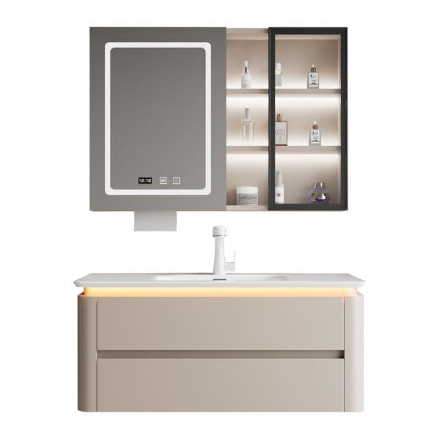 Wall-hung bathroom vanity with an integrated ceramic basin and two soft-close drawers, view 3