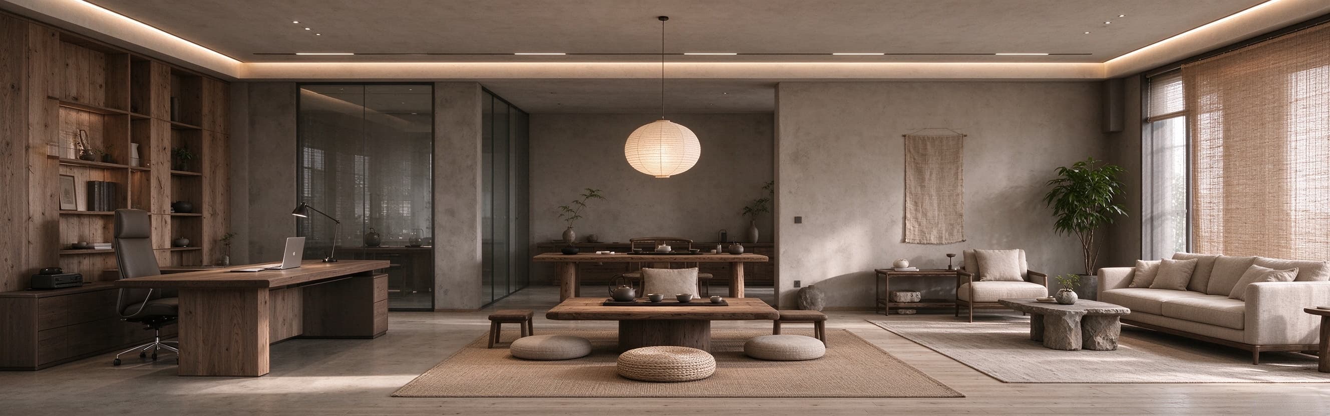 Warm minimalist interior with custom wood furniture and paper pendant lighting